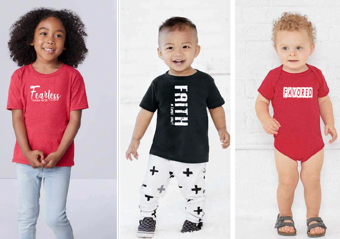 kids, toddlers, onesies, children, faith in bold, favored